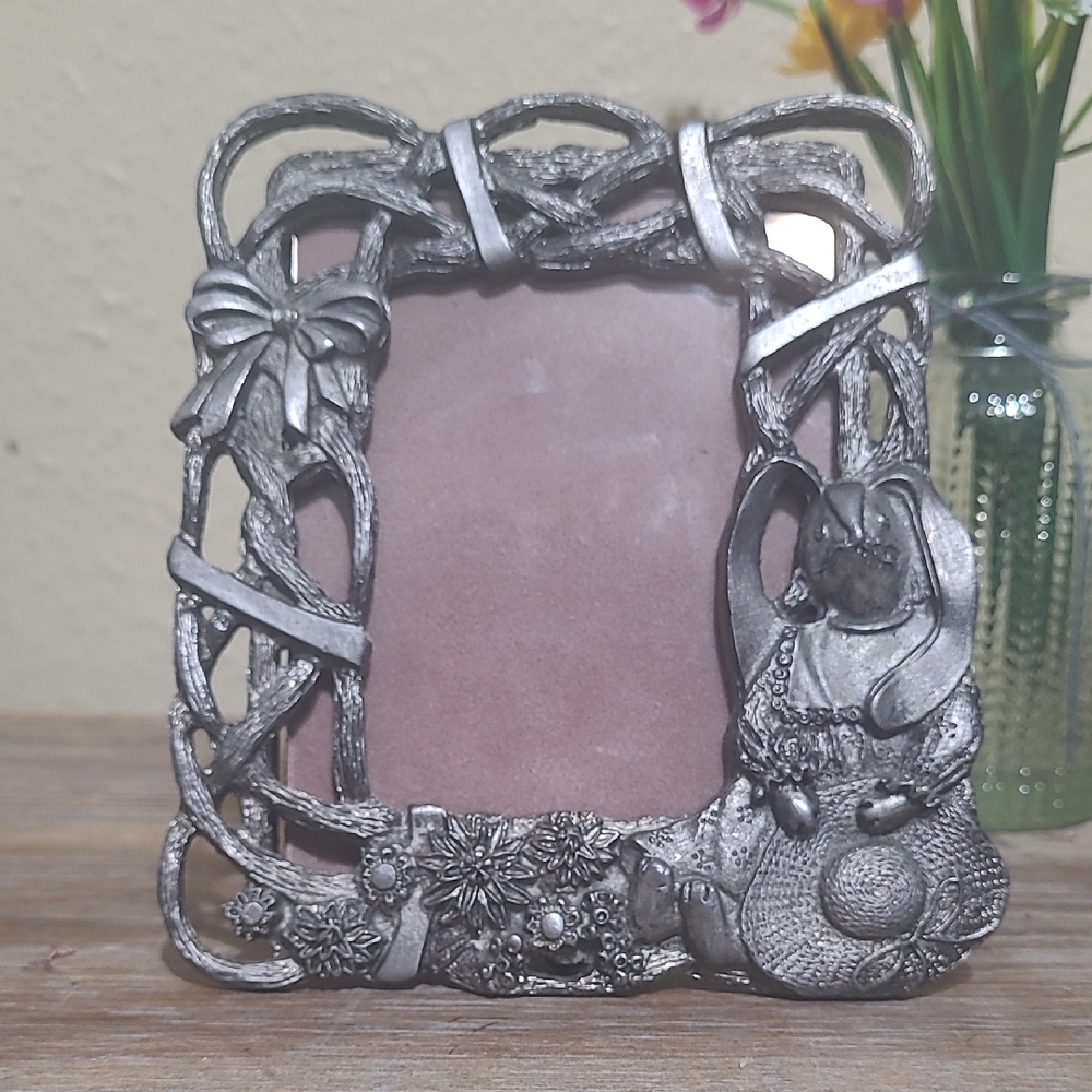 Whimsical Silver Bunny Photo Frame with Floral Accents